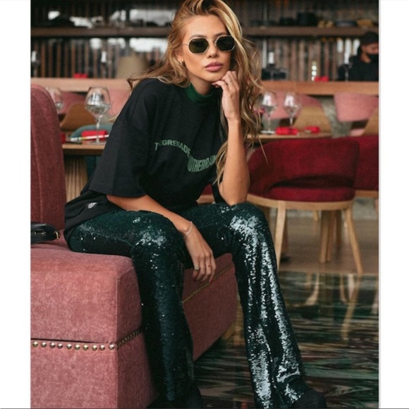 ZARA NWT BLOGGER FAVE Emerald Green Sequin Flare Leg Pants Holiday Party Pants - Picture 15 of 17